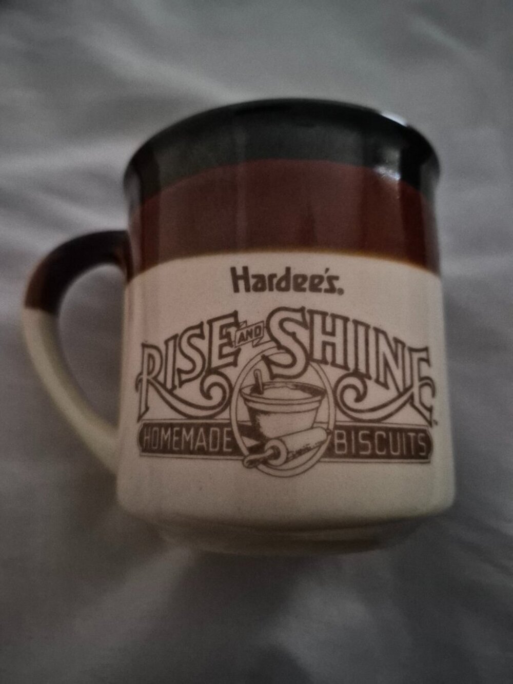 Vintage 1989 Hardee's Rise and Shine Coffee Mug Retro Drip Glaze